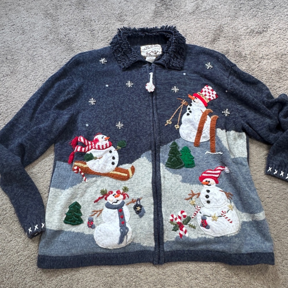 Vintage Heirloom Collectibles Women's Large Christmas Sweater Snowman Zip Up